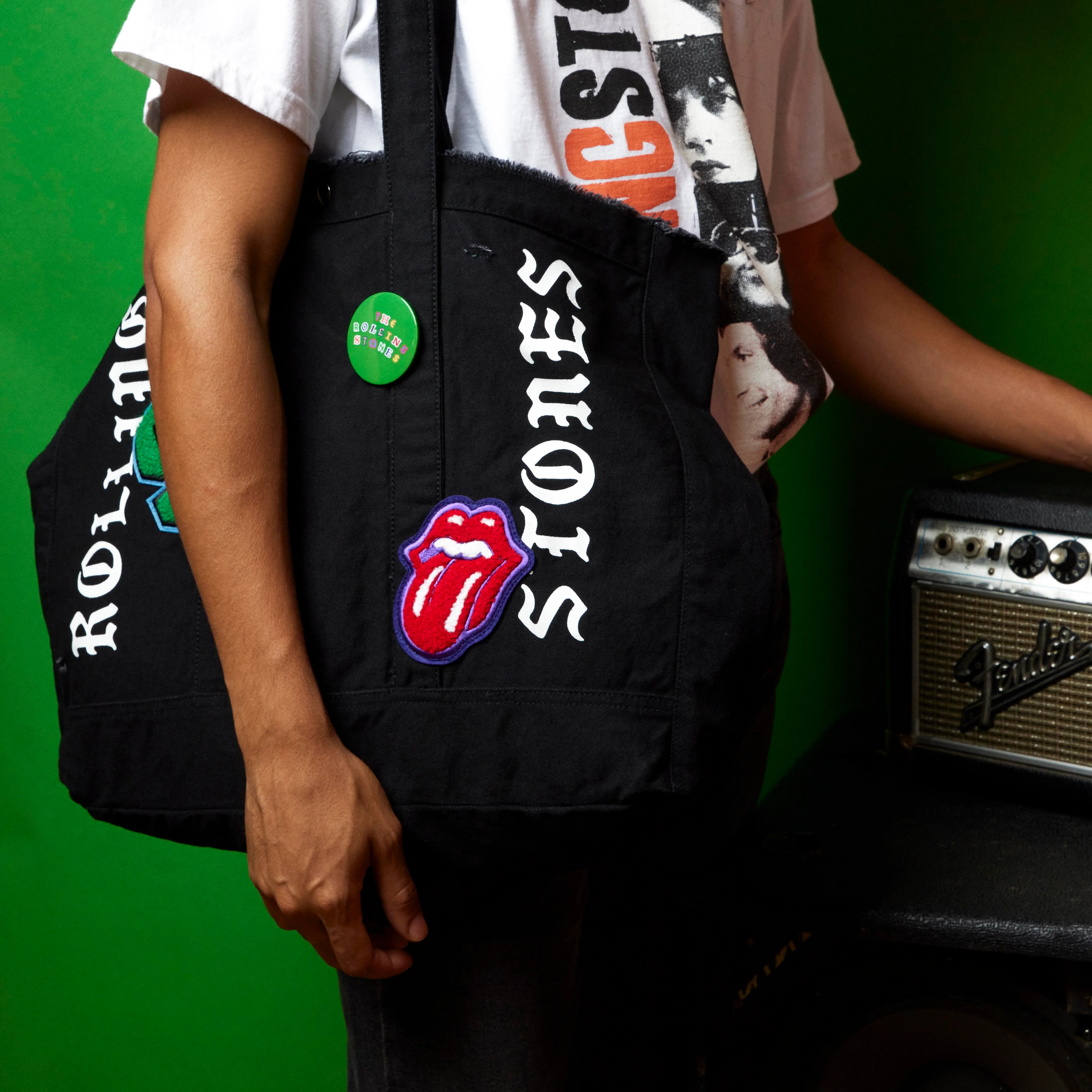 Distressed Rolling Stones Printed Patch Tote
