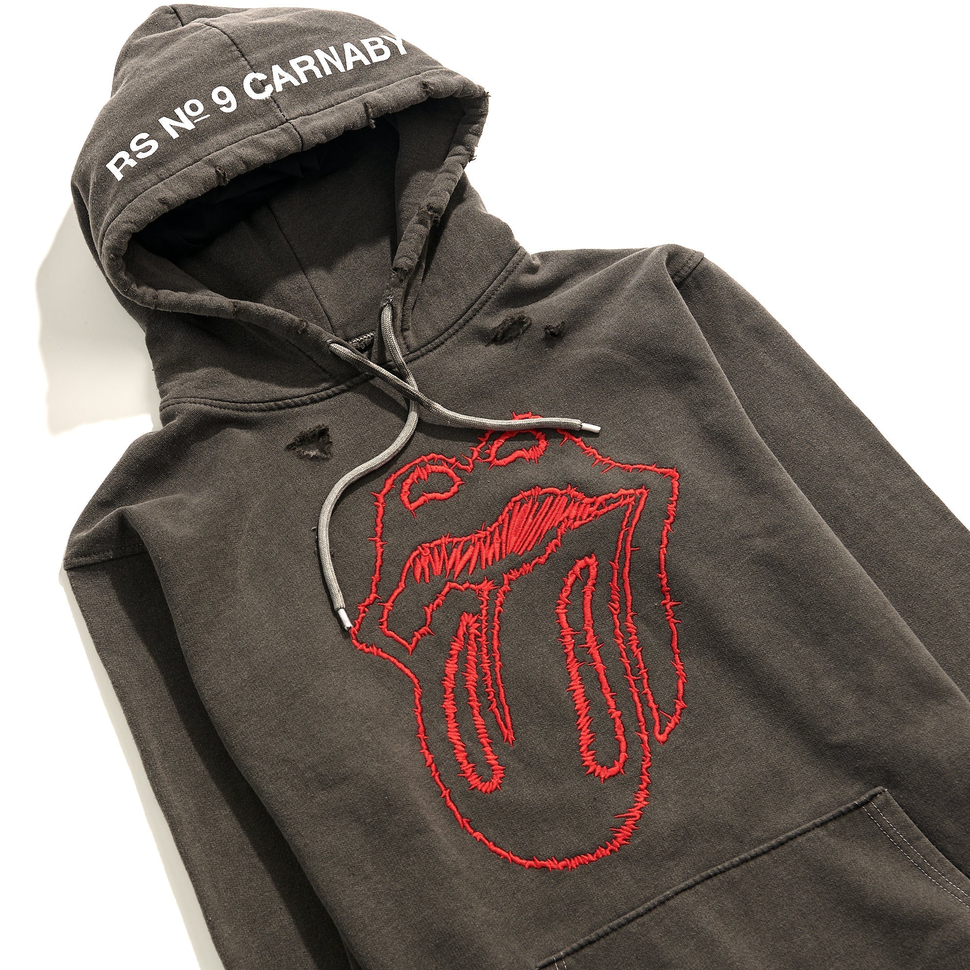 No. 9 Embroidered Sketch Tongue Distressed Hoodie - Image 3