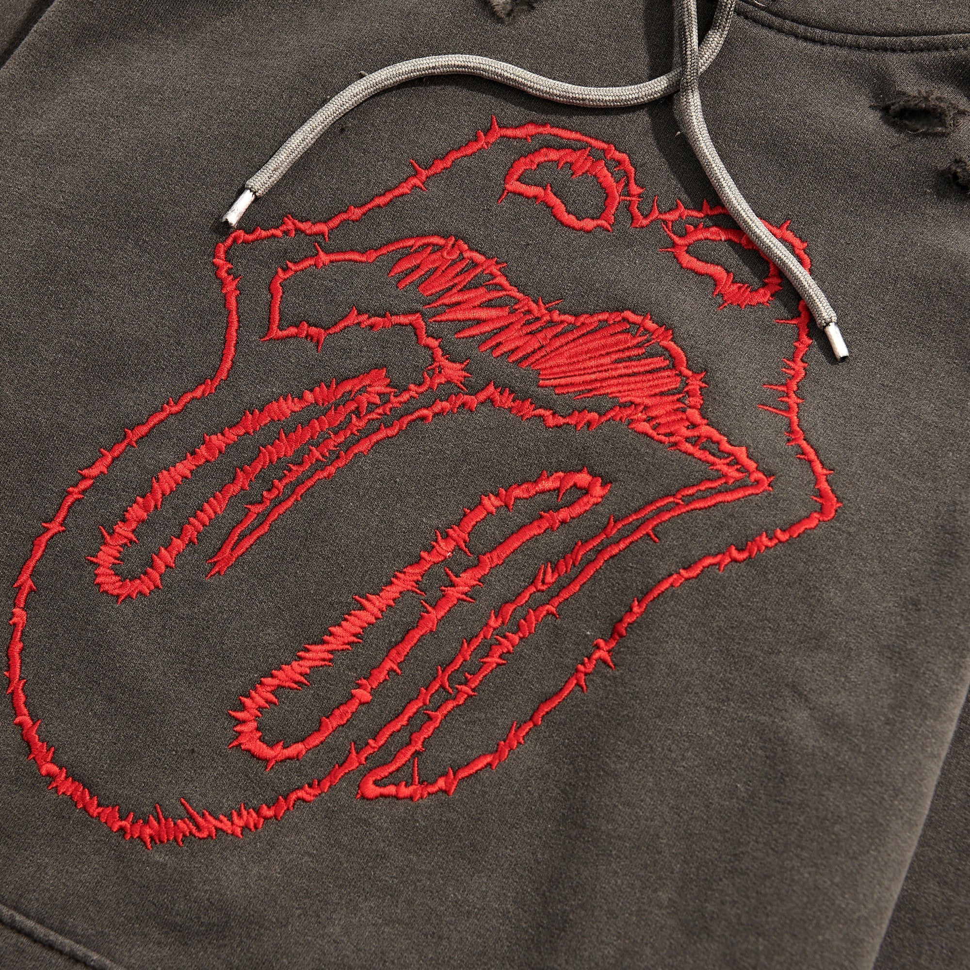 No. 9 Embroidered Sketch Tongue Distressed Hoodie - Image 4
