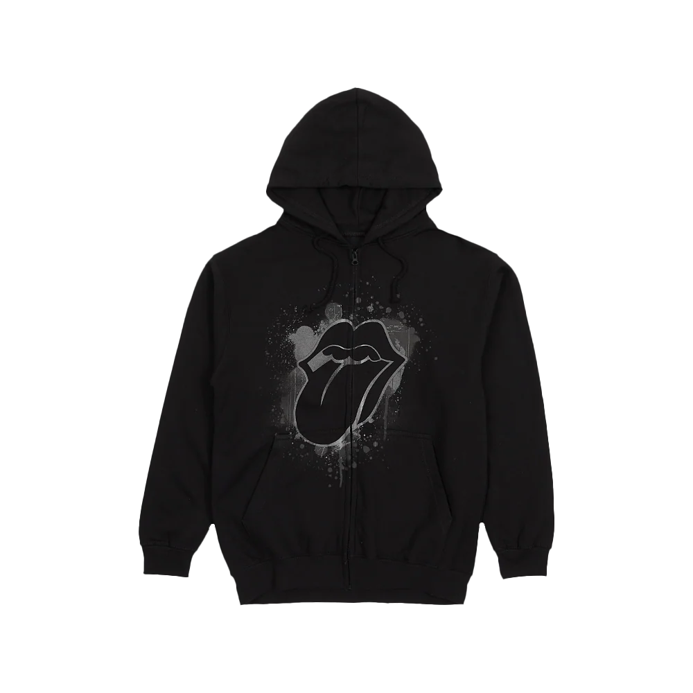 Paint It Black Reflective Tonal Splatter Tongue Print Zip Hoodie
